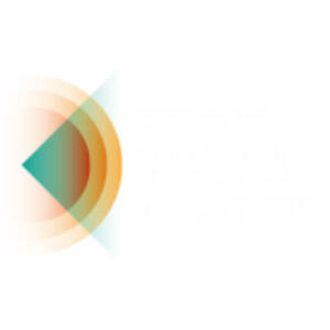 Logotipo da instituição Modern Vocal Training com um símbolo abstrato em tons de azul e laranja ao lado do nome escrito em letras brancas.
