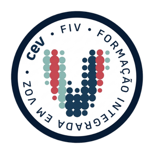 Logotipo azul e branco do CEV - Centro de Estudos da Voz.