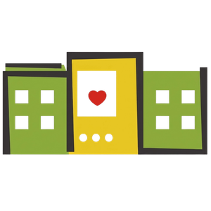 Ilustração estilizada nos tons amarelo e verde representando o prédio da faculdade FAP - PR, com um pequeno coração vermelho centralizado.