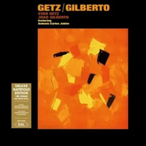 Capa do álbum Getz/Gilberto com fundo preto e uma pintura abstrata central em tons de laranja, amarelo e vermelho.